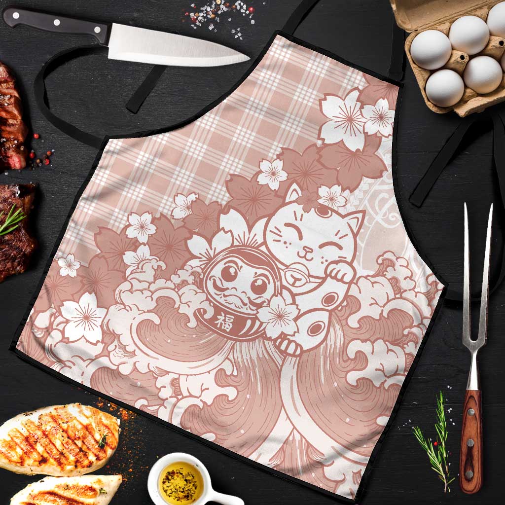 Beige Palaka Hawaiian And Japanese Apron Maneki Neko And Sakura Bloom DT05 Beige - Polynesian Pride