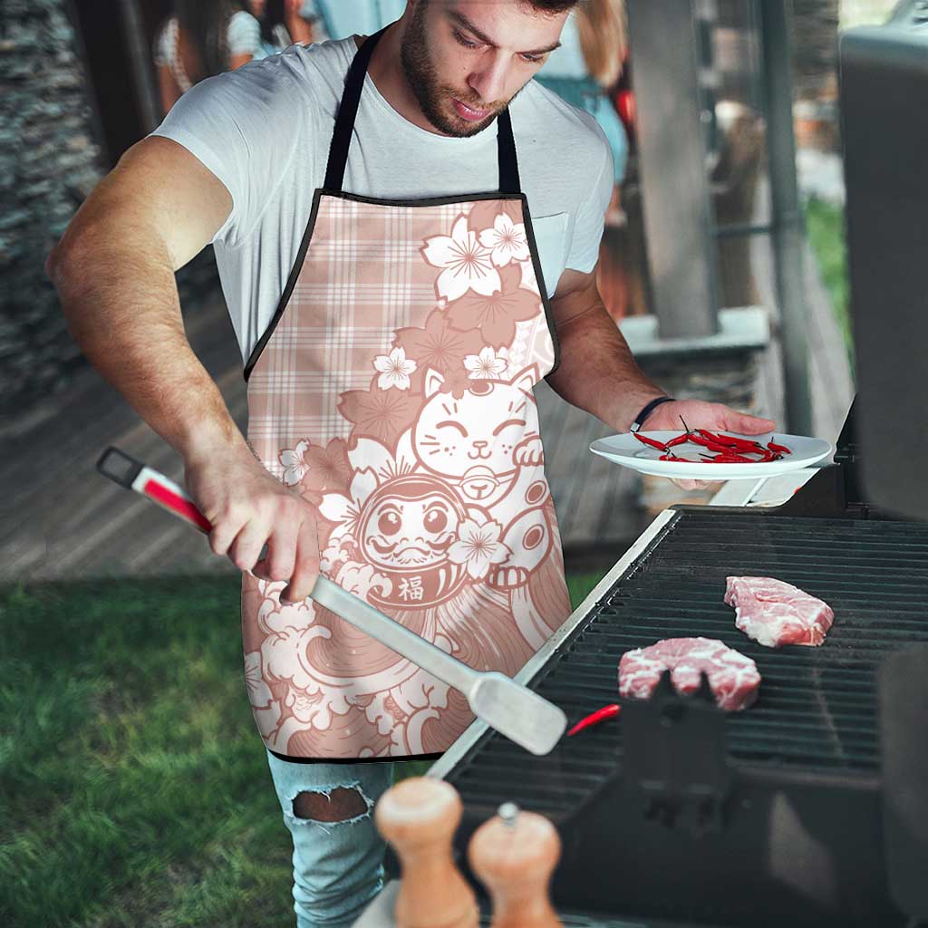 Beige Palaka Hawaiian And Japanese Apron Maneki Neko And Sakura Bloom DT05 - Polynesian Pride