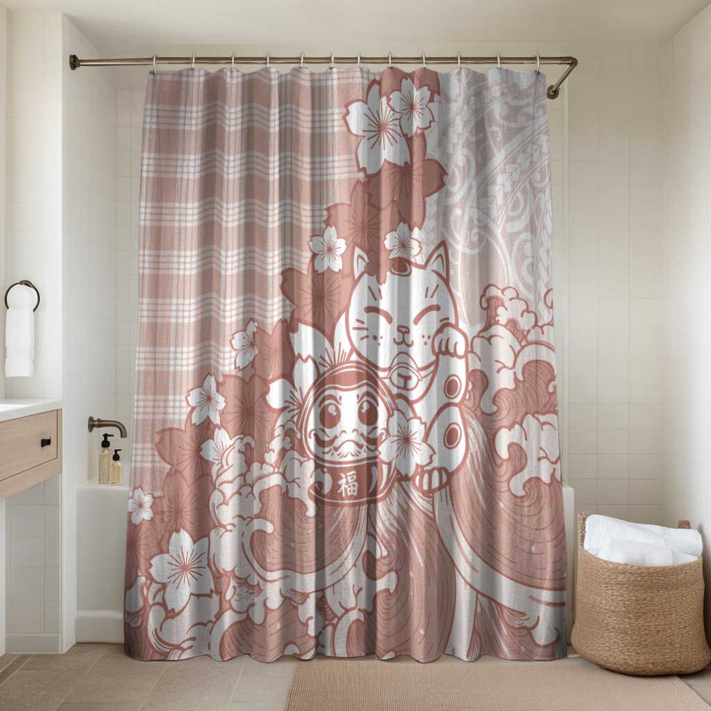 Beige Palaka Hawaiian And Japanese Bathroom Set Maneki Neko And Sakura Bloom DT05 Shower Curtain Only Beige - Polynesian Pride