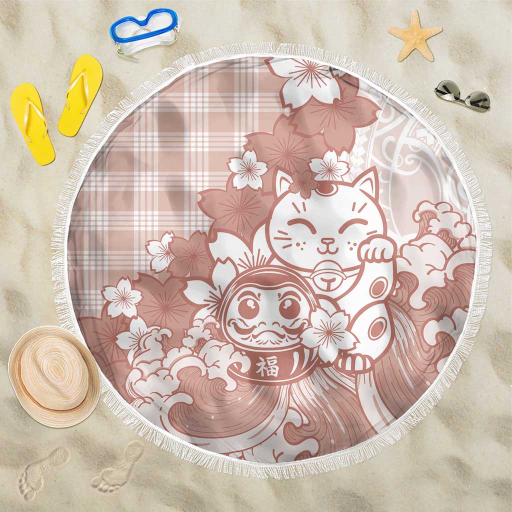 Beige Palaka Hawaiian And Japanese Beach Blanket Maneki Neko And Sakura Bloom DT05 One Size 150cm Beige - Polynesian Pride