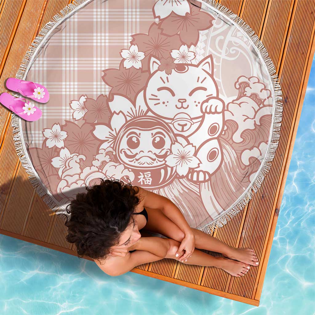 Beige Palaka Hawaiian And Japanese Beach Blanket Maneki Neko And Sakura Bloom DT05 - Polynesian Pride