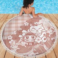 Beige Palaka Hawaiian And Japanese Beach Blanket Maneki Neko And Sakura Bloom DT05 - Polynesian Pride