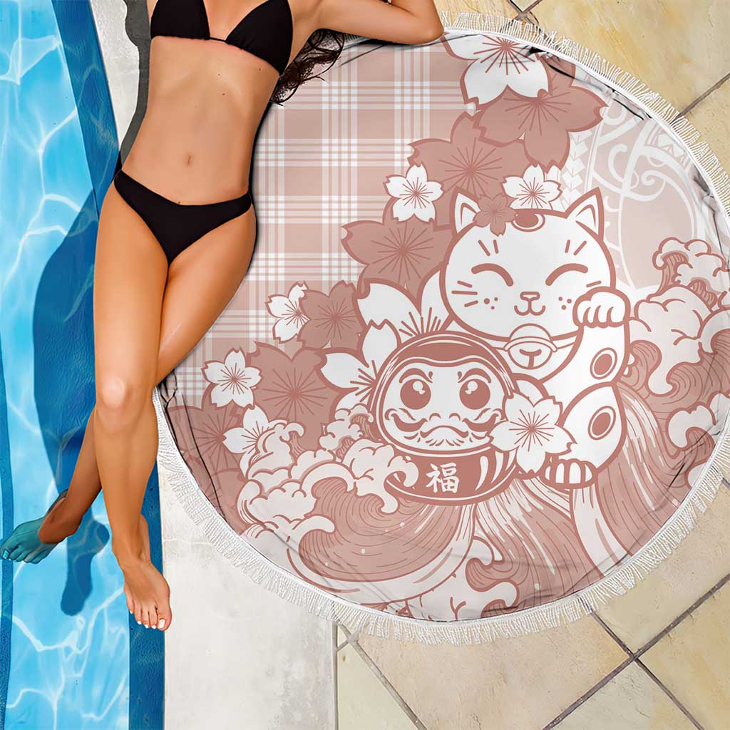Beige Palaka Hawaiian And Japanese Beach Blanket Maneki Neko And Sakura Bloom DT05 - Polynesian Pride