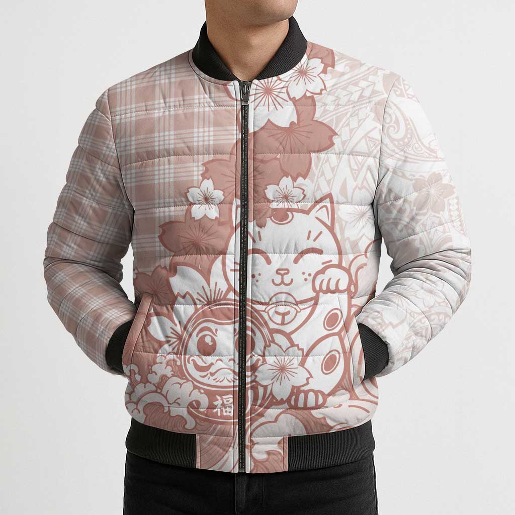 Beige Palaka Hawaiian And Japanese Bomber Puffer Jacket Maneki Neko And Sakura Bloom DT05 - Polynesian Pride