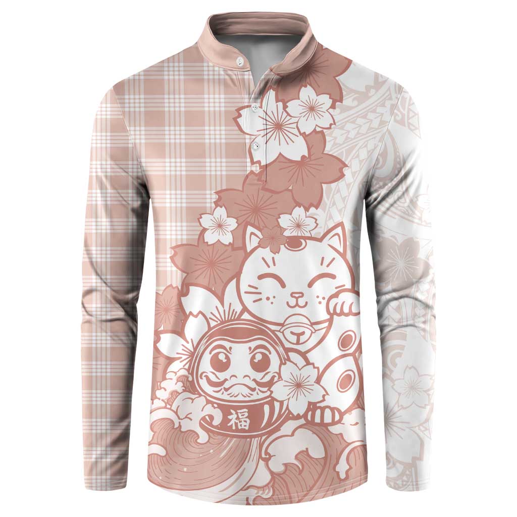 Beige Palaka Hawaiian And Japanese Button Sweatshirt Maneki Neko And Sakura Bloom DT05 Beige - Polynesian Pride
