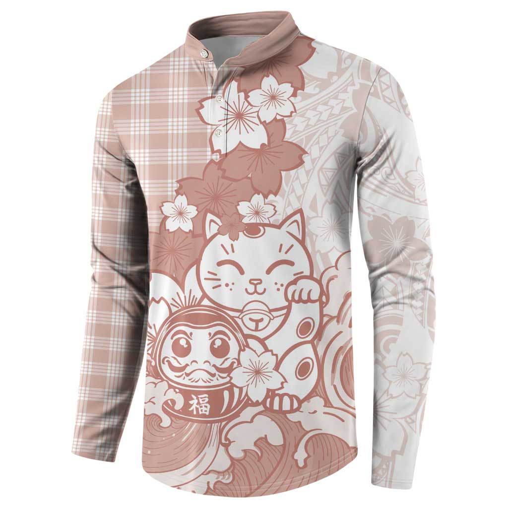 Beige Palaka Hawaiian And Japanese Button Sweatshirt Maneki Neko And Sakura Bloom DT05 - Polynesian Pride