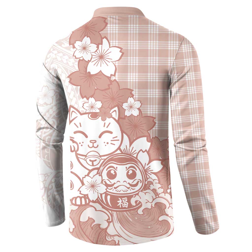 Beige Palaka Hawaiian And Japanese Button Sweatshirt Maneki Neko And Sakura Bloom DT05 - Polynesian Pride