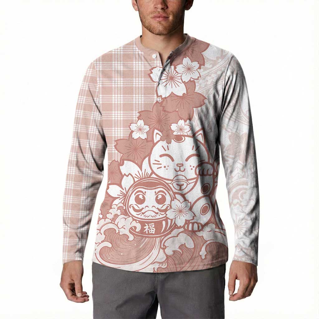 Beige Palaka Hawaiian And Japanese Button Sweatshirt Maneki Neko And Sakura Bloom DT05 - Polynesian Pride