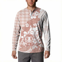 Beige Palaka Hawaiian And Japanese Button Sweatshirt Maneki Neko And Sakura Bloom DT05 - Polynesian Pride