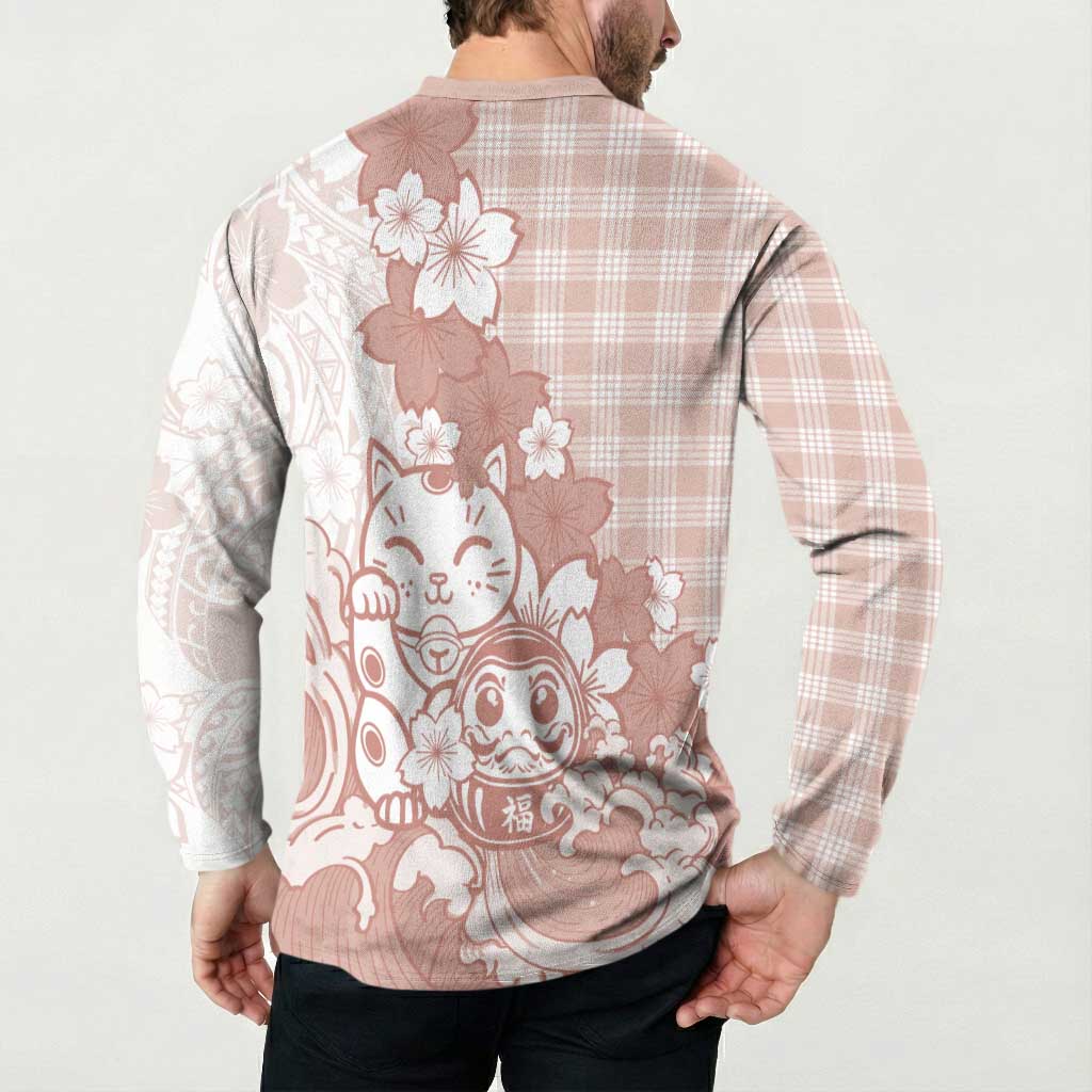Beige Palaka Hawaiian And Japanese Button Sweatshirt Maneki Neko And Sakura Bloom DT05 - Polynesian Pride
