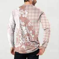Beige Palaka Hawaiian And Japanese Button Sweatshirt Maneki Neko And Sakura Bloom DT05 - Polynesian Pride