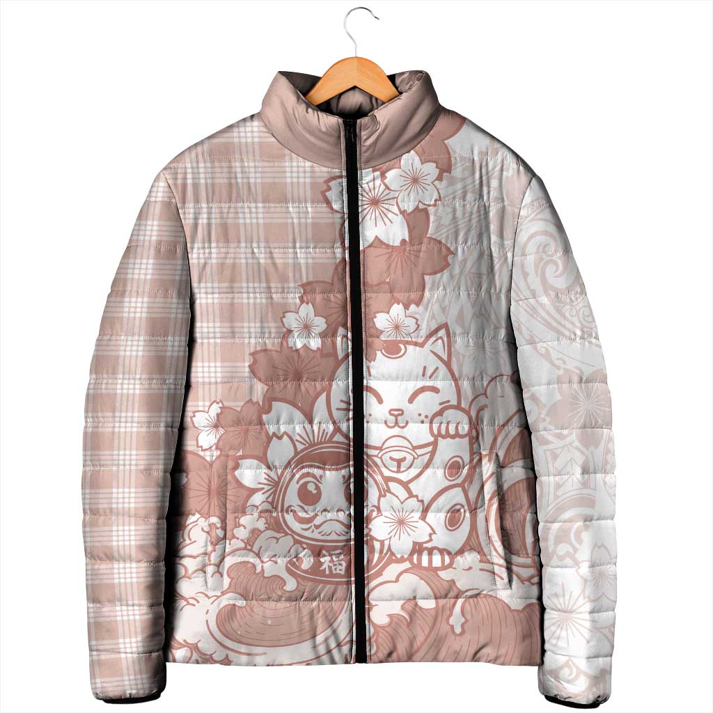 Beige Palaka Hawaiian And Japanese Padded Jacket Maneki Neko And Sakura Bloom DT05 - Polynesian Pride