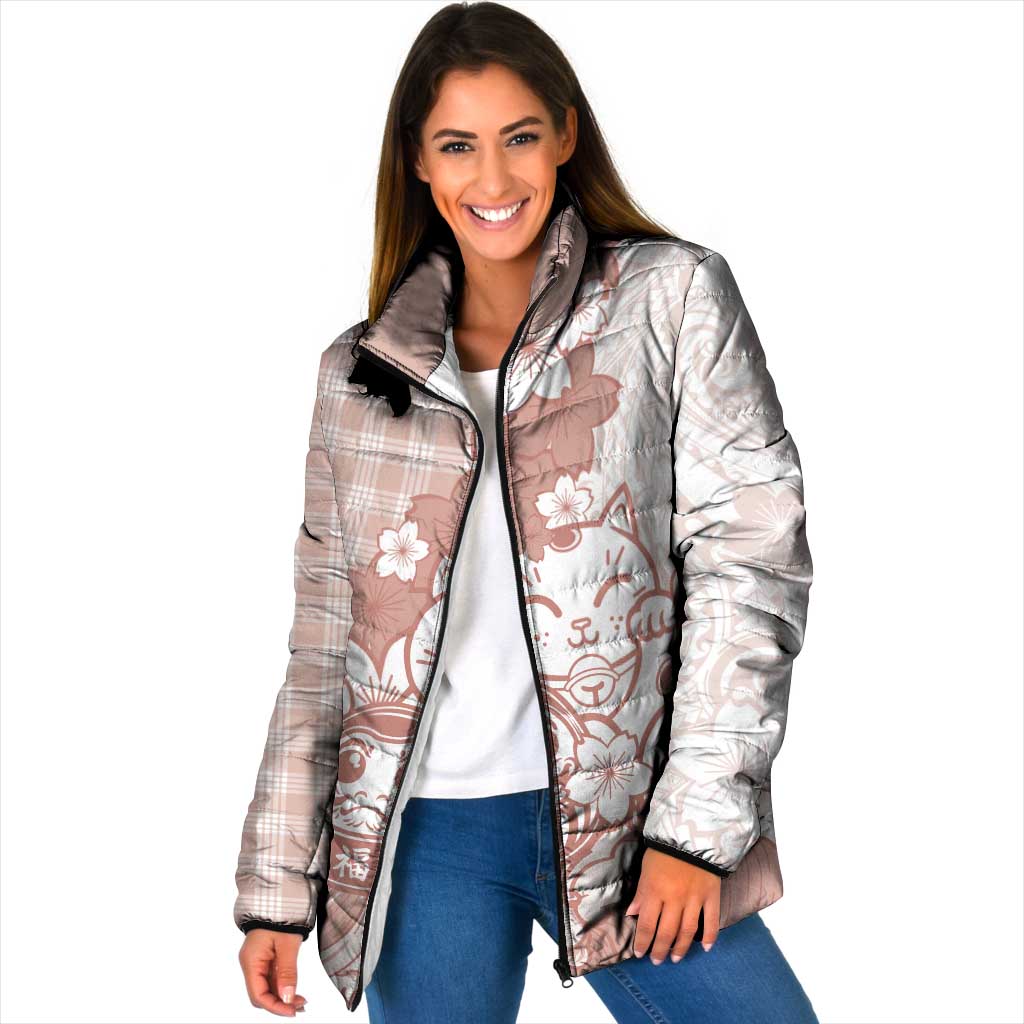 Beige Palaka Hawaiian And Japanese Padded Jacket Maneki Neko And Sakura Bloom DT05 Women Beige - Polynesian Pride