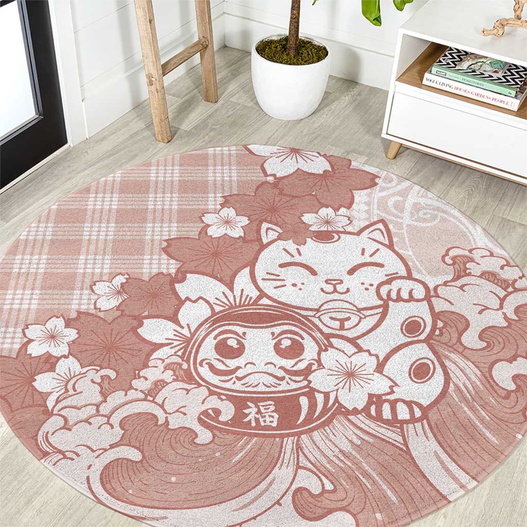 Beige Palaka Hawaiian And Japanese Round Carpet Maneki Neko And Sakura Bloom DT05 Beige - Polynesian Pride