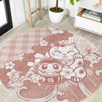 Beige Palaka Hawaiian And Japanese Round Carpet Maneki Neko And Sakura Bloom DT05 Beige - Polynesian Pride