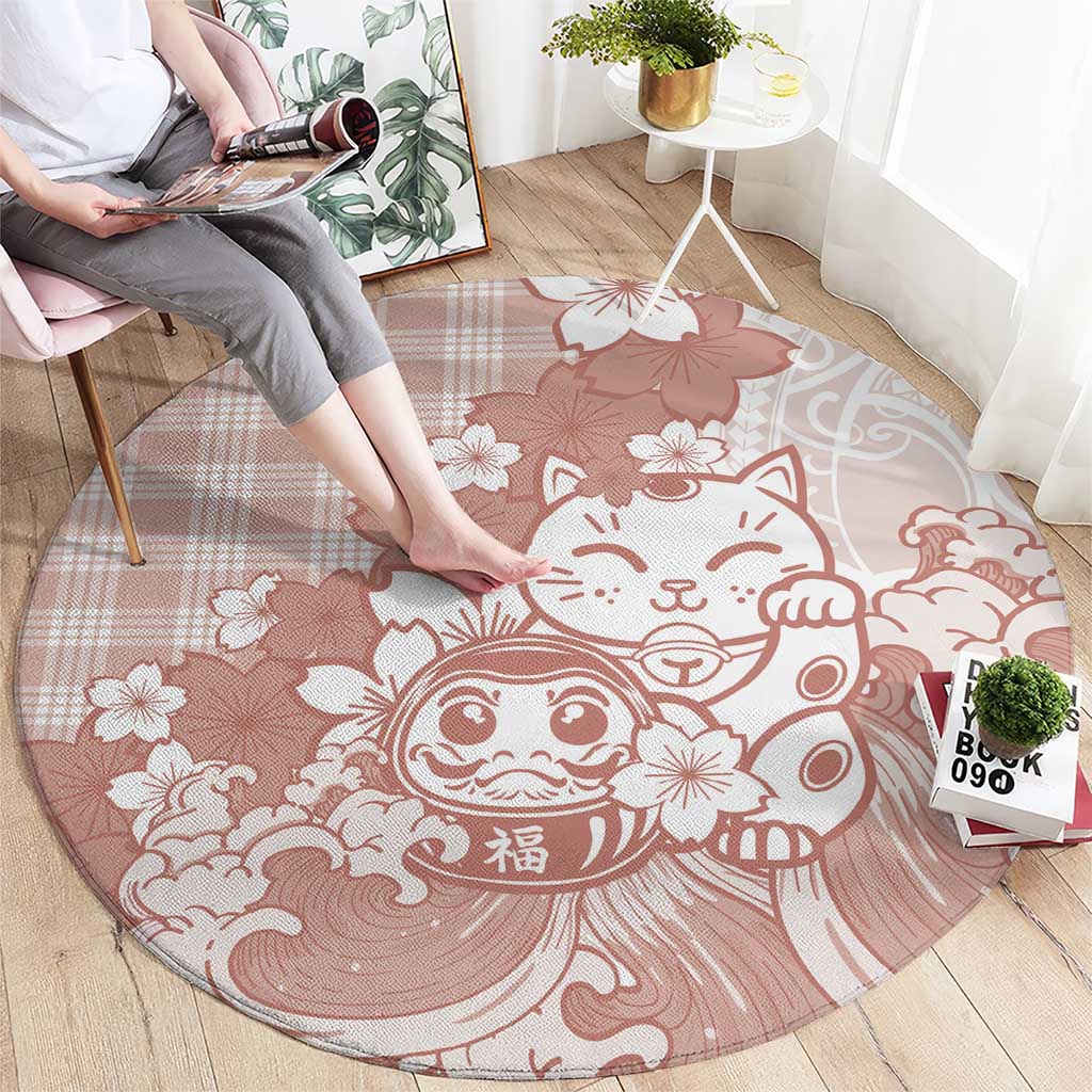 Beige Palaka Hawaiian And Japanese Round Carpet Maneki Neko And Sakura Bloom DT05 - Polynesian Pride