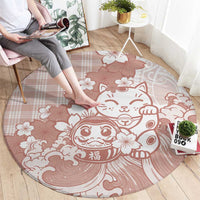 Beige Palaka Hawaiian And Japanese Round Carpet Maneki Neko And Sakura Bloom DT05 - Polynesian Pride