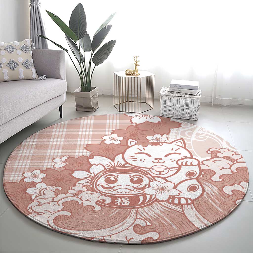 Beige Palaka Hawaiian And Japanese Round Carpet Maneki Neko And Sakura Bloom DT05 - Polynesian Pride