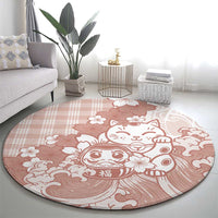 Beige Palaka Hawaiian And Japanese Round Carpet Maneki Neko And Sakura Bloom DT05 - Polynesian Pride