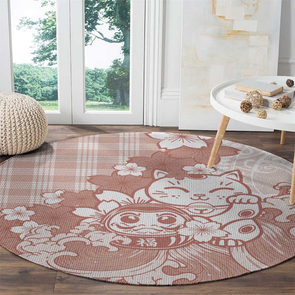 Beige Palaka Hawaiian And Japanese Round Carpet Maneki Neko And Sakura Bloom DT05 - Polynesian Pride