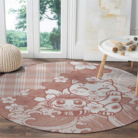 Beige Palaka Hawaiian And Japanese Round Carpet Maneki Neko And Sakura Bloom DT05 - Polynesian Pride