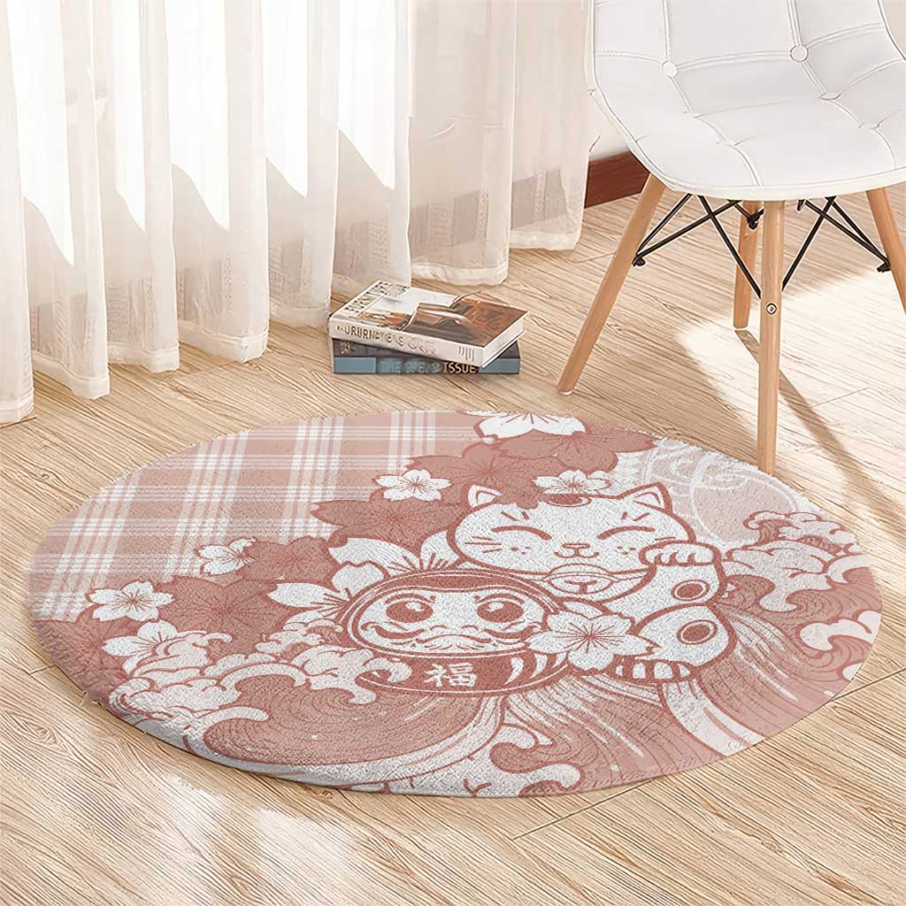 Beige Palaka Hawaiian And Japanese Round Carpet Maneki Neko And Sakura Bloom DT05 - Polynesian Pride
