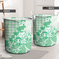 Green Palaka Hawaiian And Japanese Laundry Basket Maneki Neko And Sakura Bloom DT05 - Polynesian Pride
