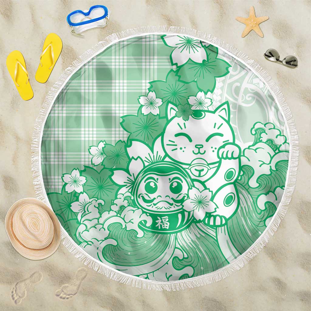 Green Palaka Hawaiian And Japanese Beach Blanket Maneki Neko And Sakura Bloom DT05 One Size 150cm Green - Polynesian Pride