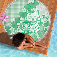Green Palaka Hawaiian And Japanese Beach Blanket Maneki Neko And Sakura Bloom DT05 - Polynesian Pride