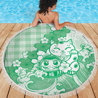 Green Palaka Hawaiian And Japanese Beach Blanket Maneki Neko And Sakura Bloom DT05 - Polynesian Pride