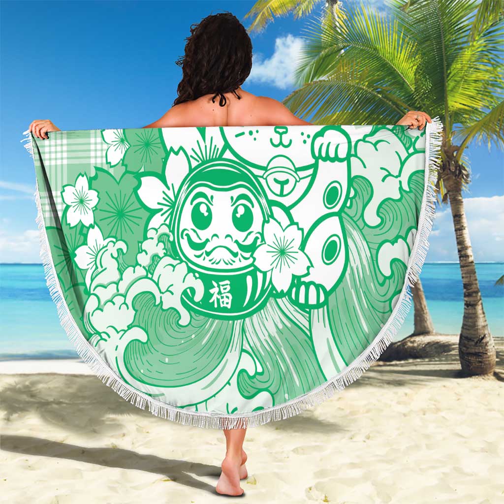 Green Palaka Hawaiian And Japanese Beach Blanket Maneki Neko And Sakura Bloom DT05 - Polynesian Pride
