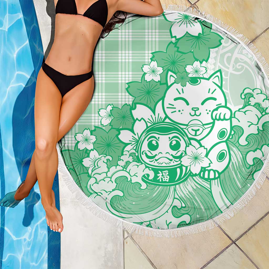 Green Palaka Hawaiian And Japanese Beach Blanket Maneki Neko And Sakura Bloom DT05 - Polynesian Pride