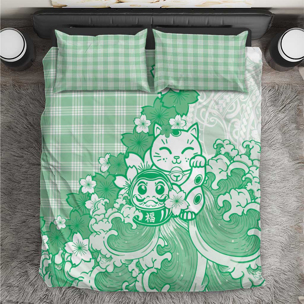 Green Palaka Hawaiian And Japanese Bedding Set Maneki Neko And Sakura Bloom DT05 Green - Polynesian Pride