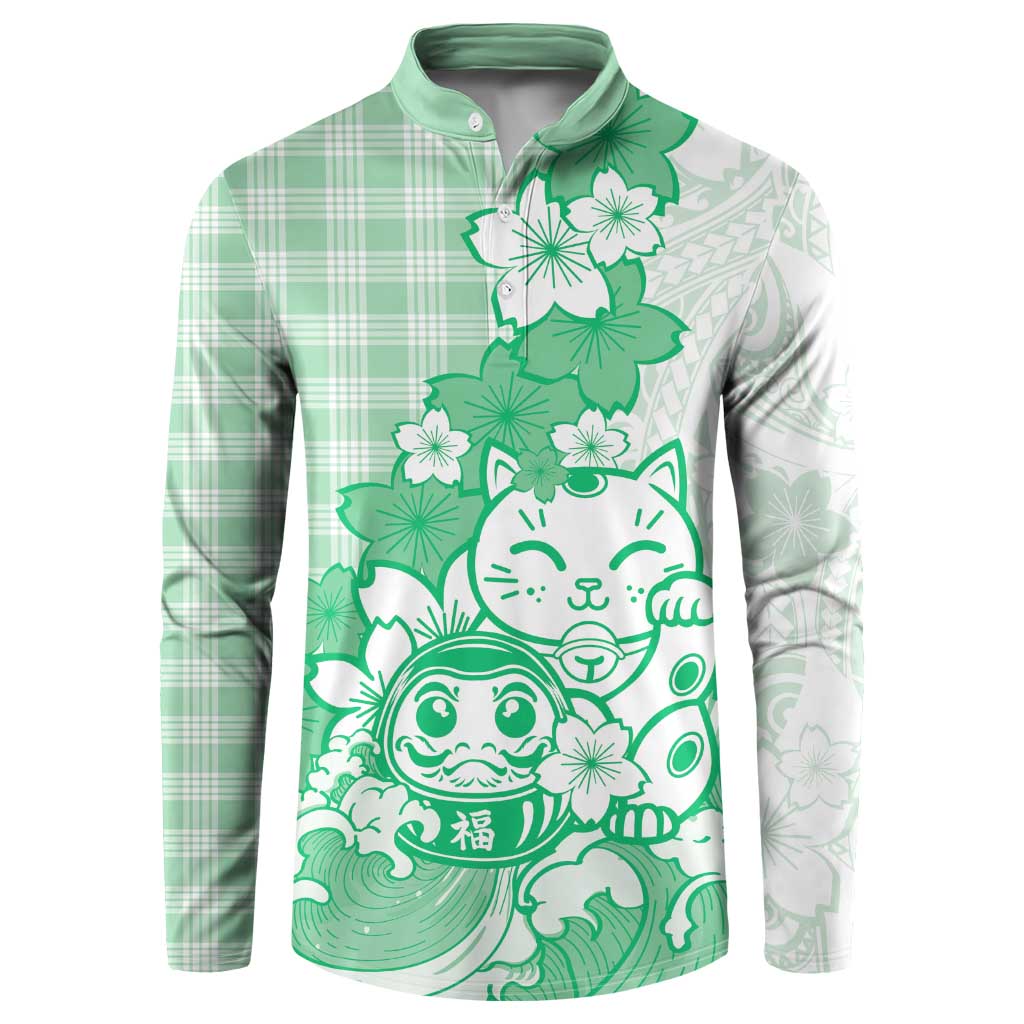 Green Palaka Hawaiian And Japanese Button Sweatshirt Maneki Neko And Sakura Bloom DT05 Green - Polynesian Pride