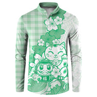Green Palaka Hawaiian And Japanese Button Sweatshirt Maneki Neko And Sakura Bloom DT05 Green - Polynesian Pride