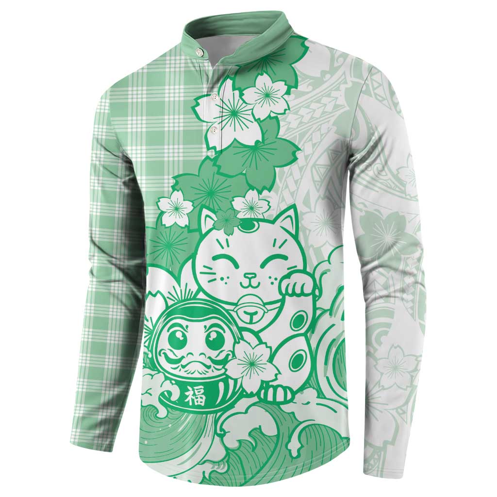 Green Palaka Hawaiian And Japanese Button Sweatshirt Maneki Neko And Sakura Bloom DT05 - Polynesian Pride