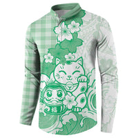 Green Palaka Hawaiian And Japanese Button Sweatshirt Maneki Neko And Sakura Bloom DT05 - Polynesian Pride