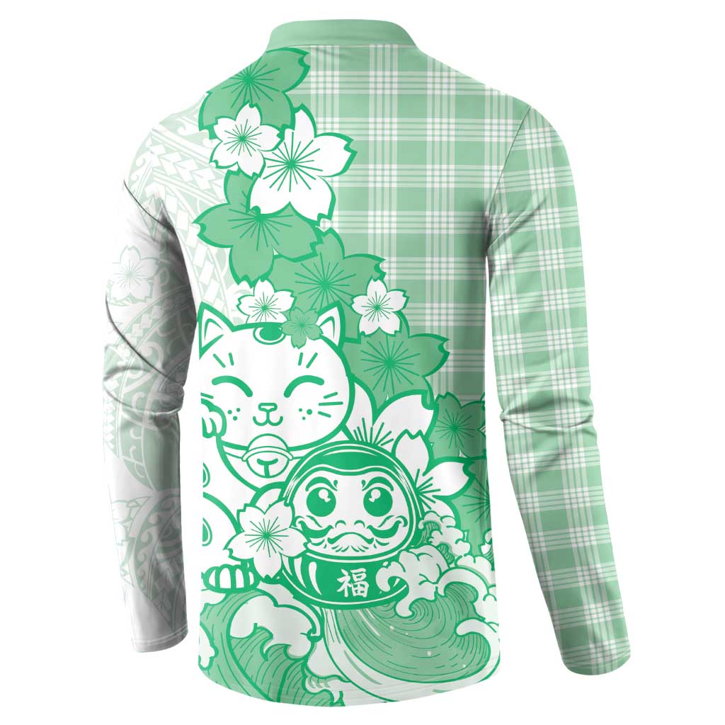 Green Palaka Hawaiian And Japanese Button Sweatshirt Maneki Neko And Sakura Bloom DT05 - Polynesian Pride