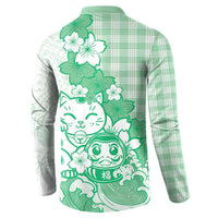 Green Palaka Hawaiian And Japanese Button Sweatshirt Maneki Neko And Sakura Bloom DT05 - Polynesian Pride