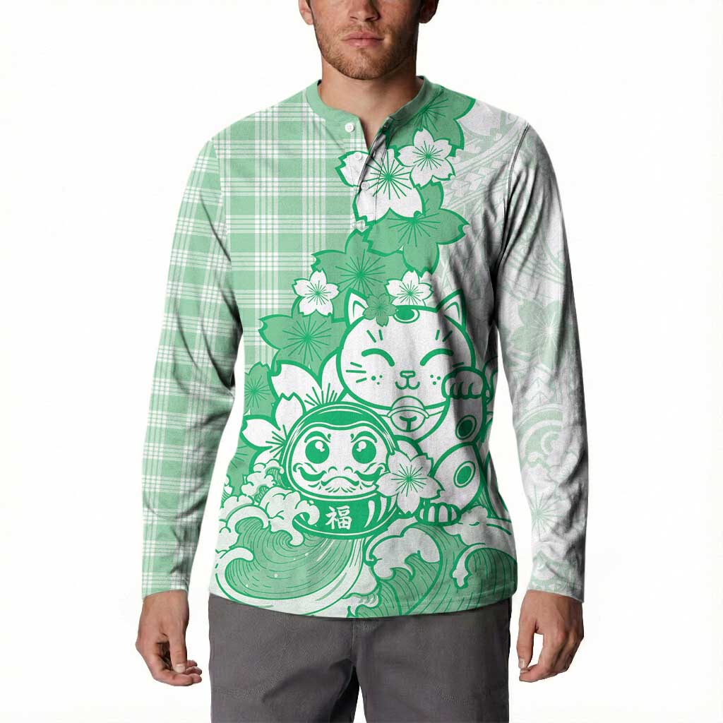 Green Palaka Hawaiian And Japanese Button Sweatshirt Maneki Neko And Sakura Bloom DT05 - Polynesian Pride