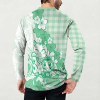 Green Palaka Hawaiian And Japanese Button Sweatshirt Maneki Neko And Sakura Bloom DT05 - Polynesian Pride