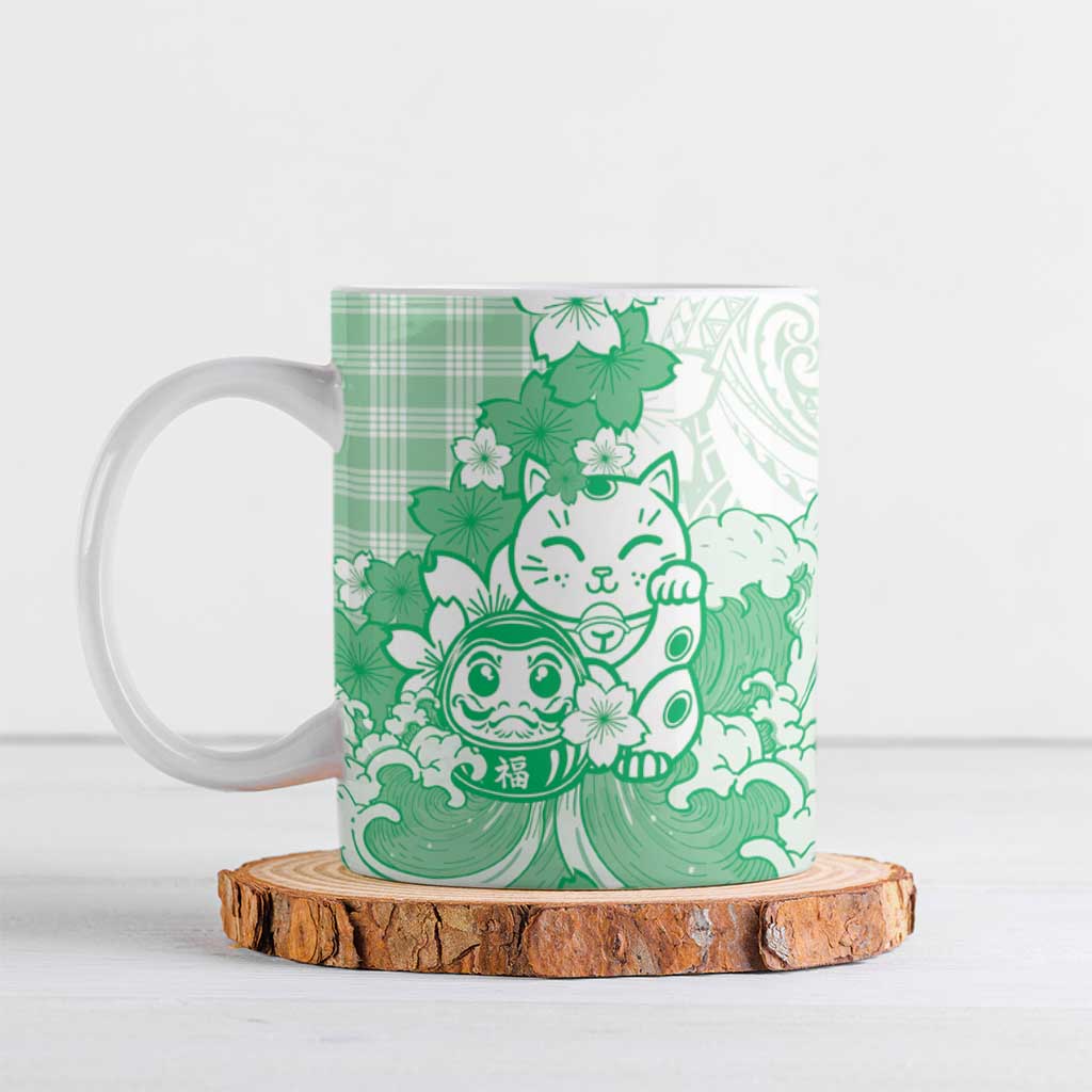 Green Palaka Hawaiian And Japanese Ceramic Mug Maneki Neko And Sakura Bloom DT05 Green - Polynesian Pride