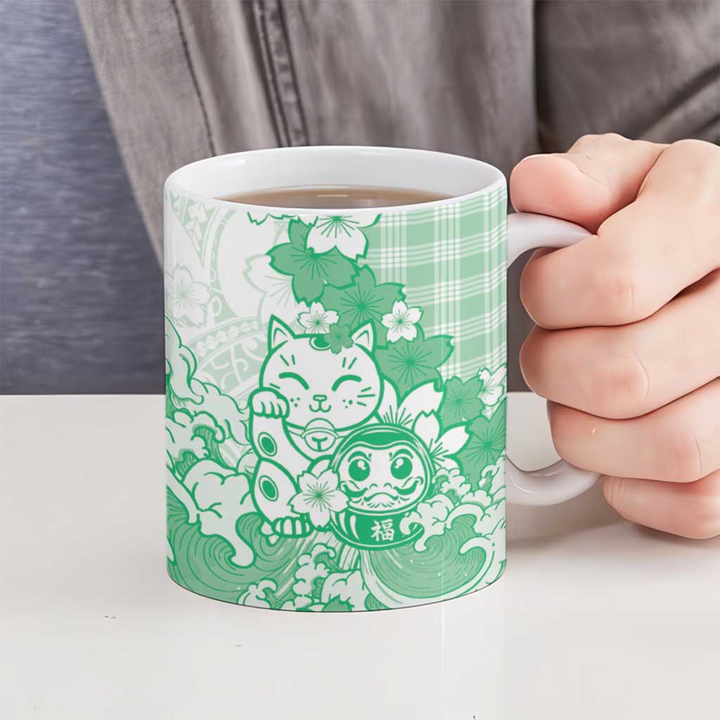 Green Palaka Hawaiian And Japanese Ceramic Mug Maneki Neko And Sakura Bloom DT05 - Polynesian Pride