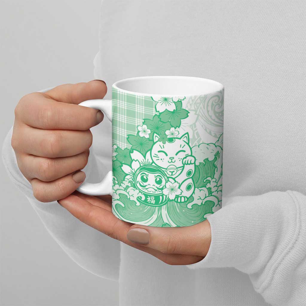 Green Palaka Hawaiian And Japanese Ceramic Mug Maneki Neko And Sakura Bloom DT05 - Polynesian Pride