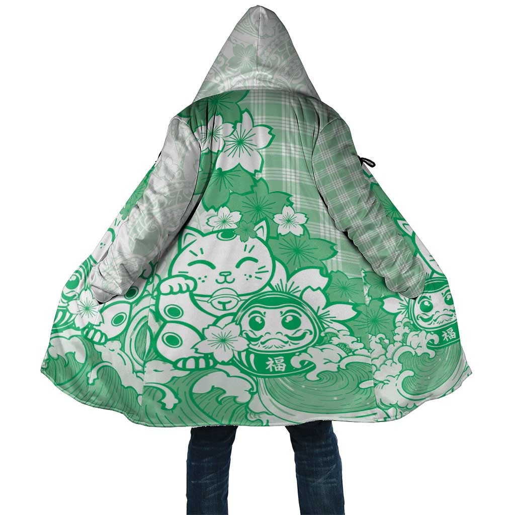 Green Palaka Hawaiian And Japanese Cloak Maneki Neko And Sakura Bloom DT05 Unisex Green - Polynesian Pride