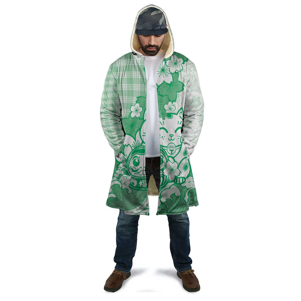 Green Palaka Hawaiian And Japanese Cloak Maneki Neko And Sakura Bloom DT05 - Polynesian Pride