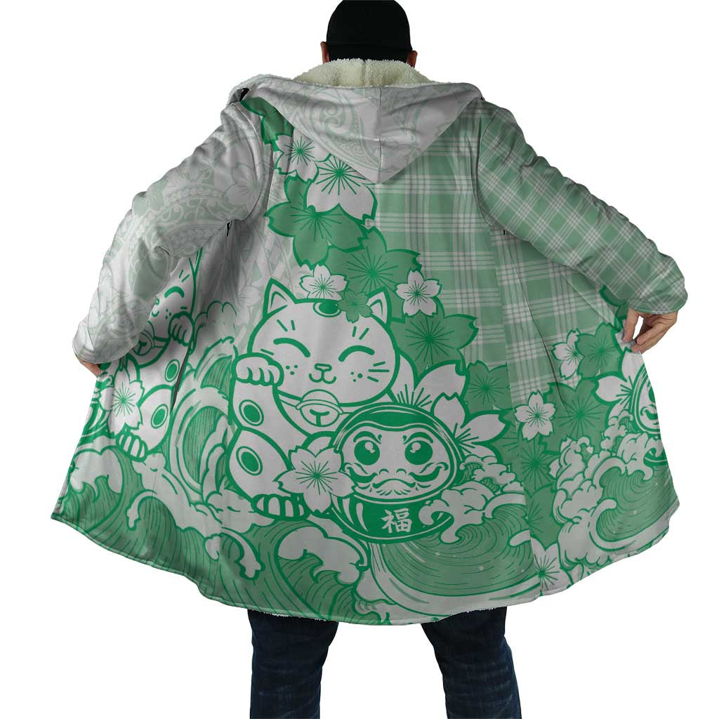 Green Palaka Hawaiian And Japanese Cloak Maneki Neko And Sakura Bloom DT05 - Polynesian Pride