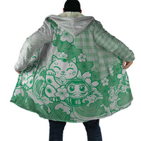 Green Palaka Hawaiian And Japanese Cloak Maneki Neko And Sakura Bloom DT05 - Polynesian Pride