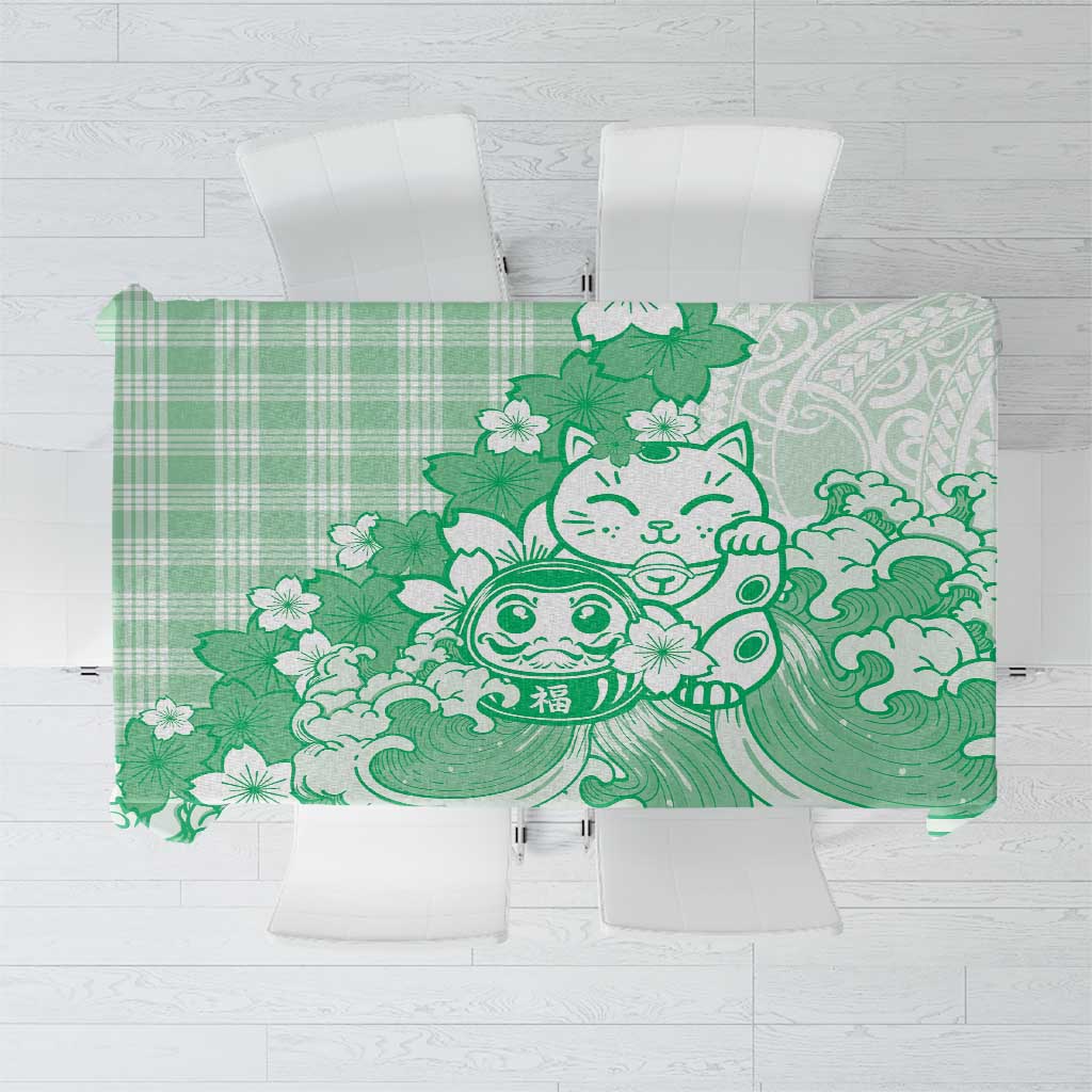 Green Palaka Hawaiian And Japanese Tablecloth Maneki Neko And Sakura Bloom DT05 Green - Polynesian Pride