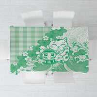 Green Palaka Hawaiian And Japanese Tablecloth Maneki Neko And Sakura Bloom DT05 Green - Polynesian Pride